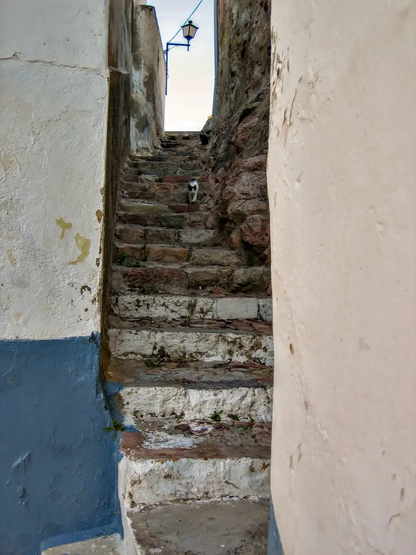 Escaletes dels Gats de Onda: escalinata medieval de piedra entre muros encalados con un gato asomado en lo alto