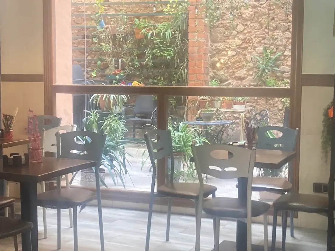 Sala interior con terraza acristalada y plantas en Teressa Café i Pa Onda
